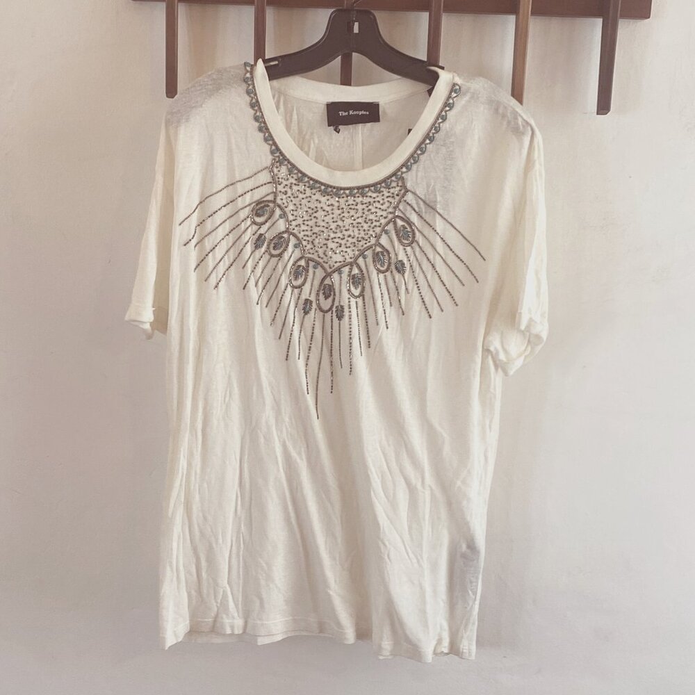 The Kooples White Linen & Beaded T-shirt